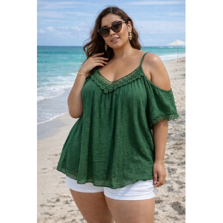 World Fashion koristekirjailtu vihreä lyhythihainen paita (plus size)