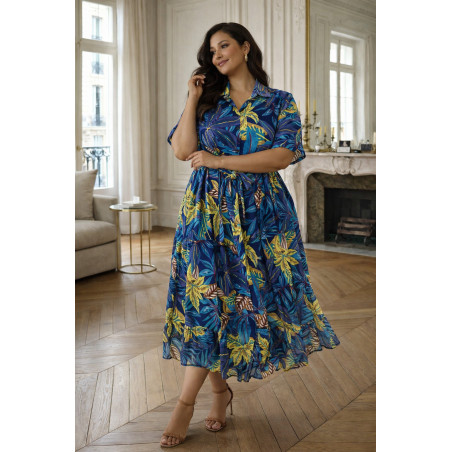World Fashion tummansininen lehtikuvioinen pitkä paitamekko vyöllä (plus size)