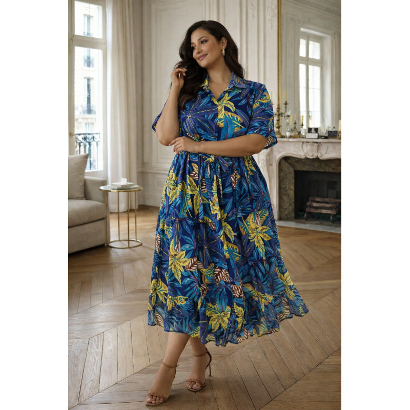 World Fashion mörkblå bladmönstrad lång skjortklänning med bälte (plus size) – kuva 2