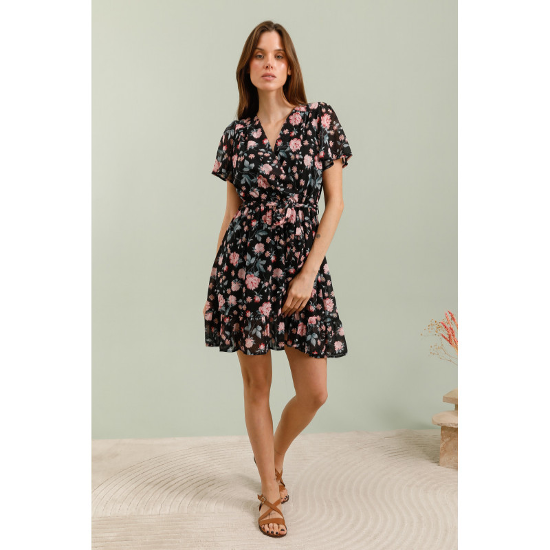 Feelook svart kortärmad wrap-look v-blommig klänning