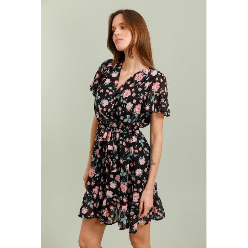Feelook musta lyhythihainen wrap-look v-kukkamekko – kuva 2