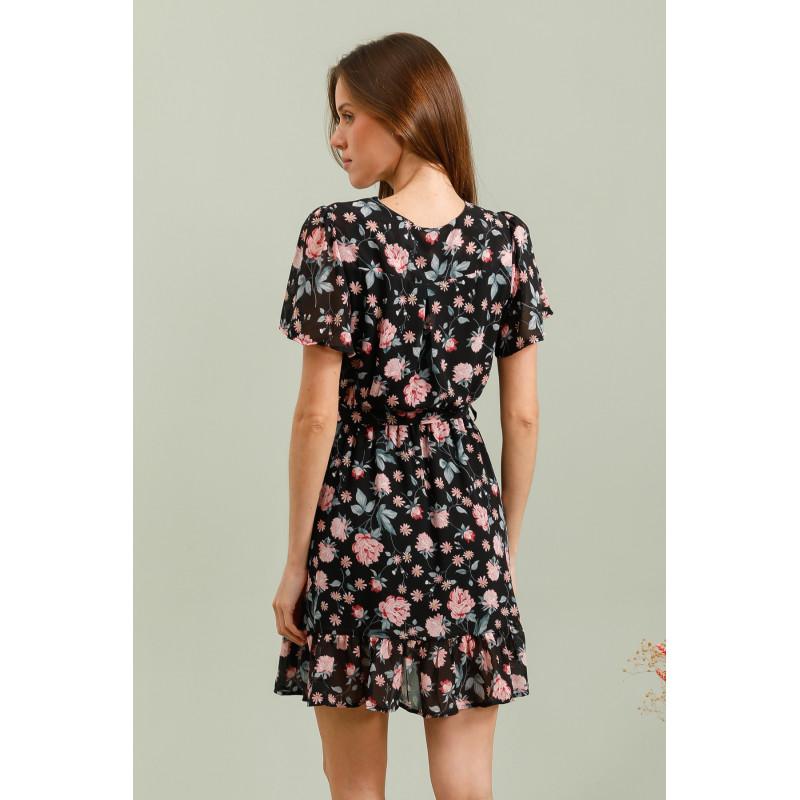 Feelook svart kortärmad wrap-look v-blommig klänning – kuva 3