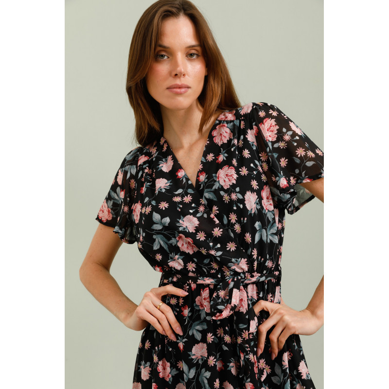 Feelook svart kortärmad wrap-look v-blommig klänning – kuva 4