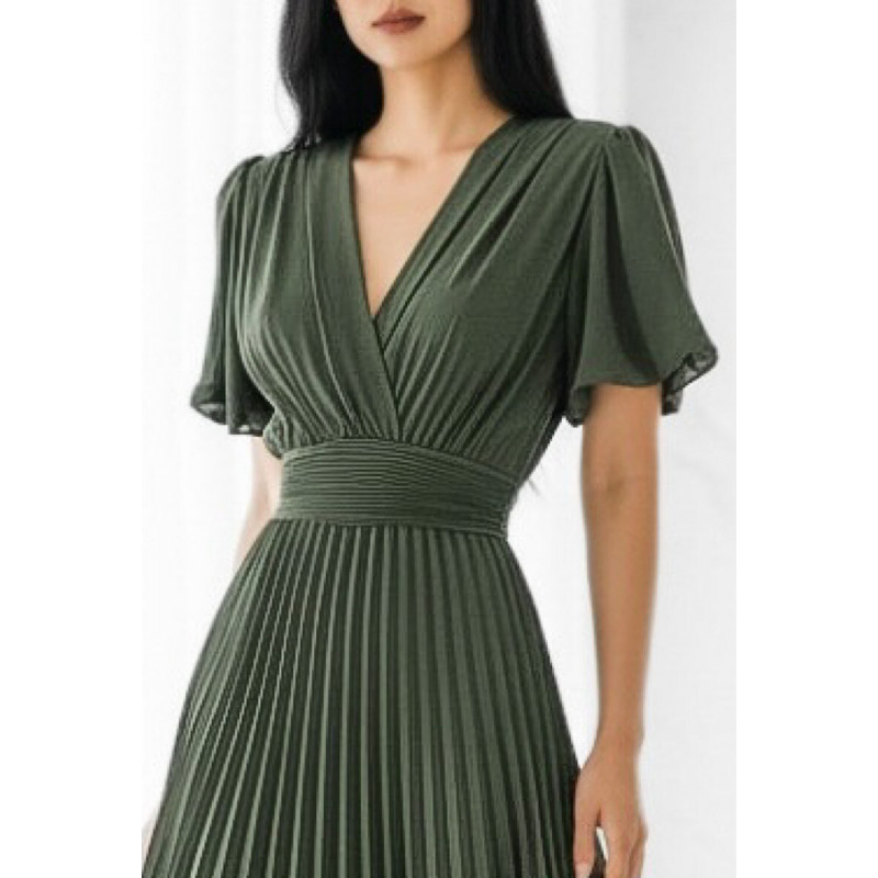 Elle Style Loriana kortärmad khaki lång vecklad klänning – kuva 2