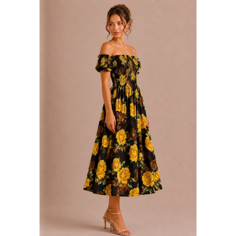 Miss Sara gul rosmönstrad off-shoulder sommarklänning – kuva 2