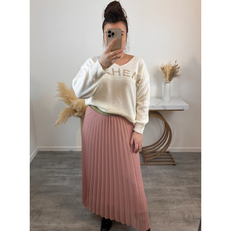 Mily ljusrosa lång plisserad kjol med guldig midjeresår (plus size) – kuva 2