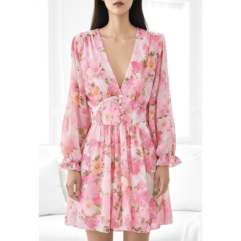 Elle Style Juliette rosa blommönstrad klänning med pärlknappar
