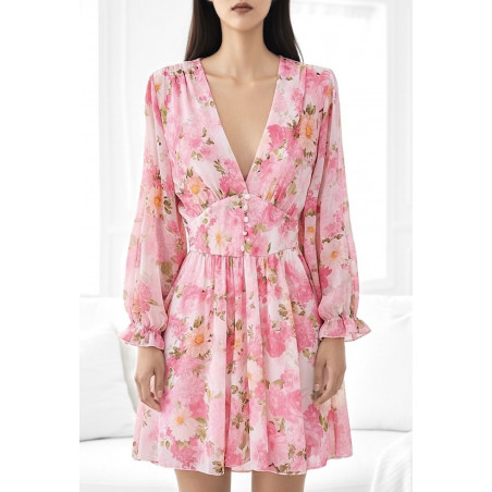 Elle Style Juliette rosa blommönstrad klänning med pärlknappar