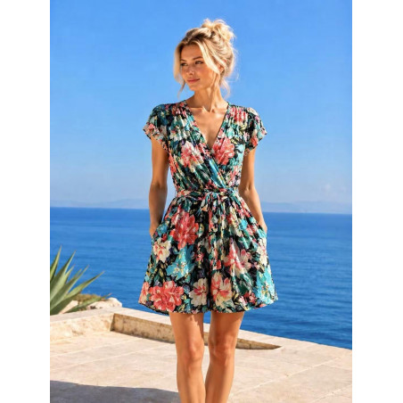 Miss Sara färgglad blommig v-playsuit med skärp