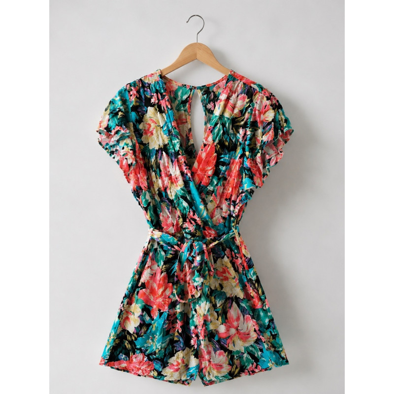 Miss Sara färgglad blommig v-playsuit med skärp – kuva 2