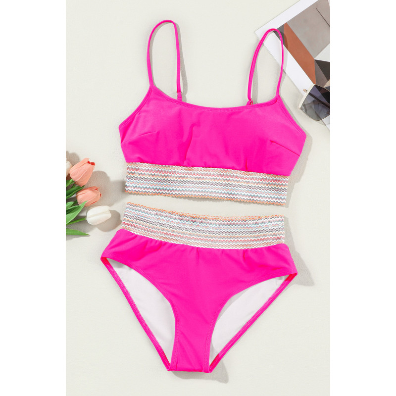 Rosa högmidjad bikini med färgglada resårer – kuva 3