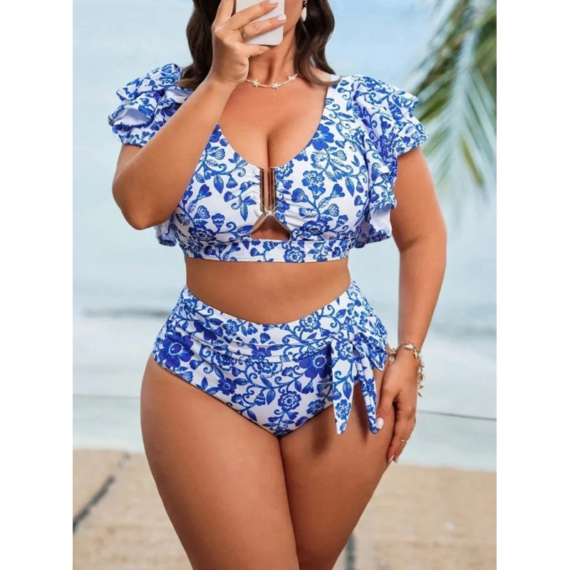 Blåvita dekorativa blombikini (plus size) – kuva 4