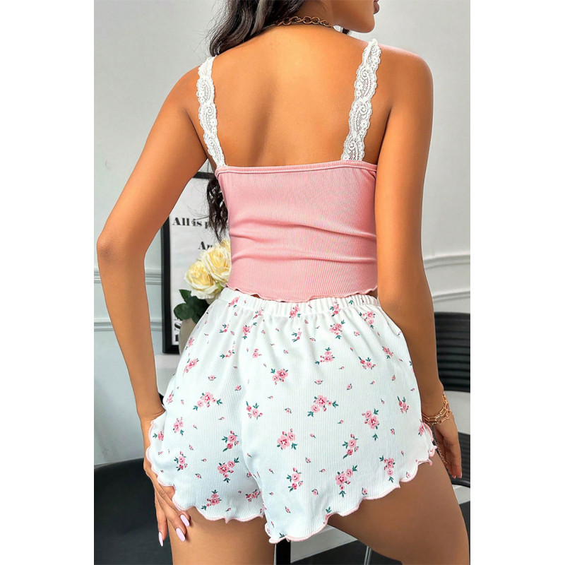 Ljusrosa/vit blommönstrad pyjamasset med shorts – kuva 2