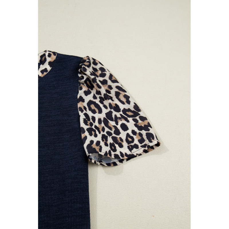 Mörkblå/leopardmönstrad kortärmad ribbtröja med puffärmar – kuva 4