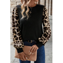 Svart/leopardmönstrad långärmad topp med puffärmar
