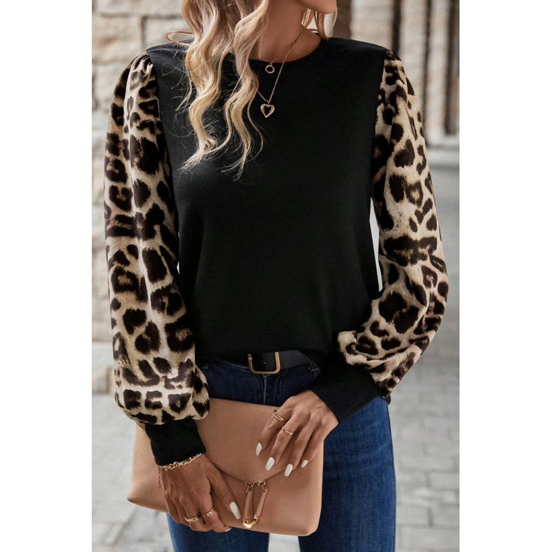 Svart/leopardmönstrad långärmad topp med puffärmar