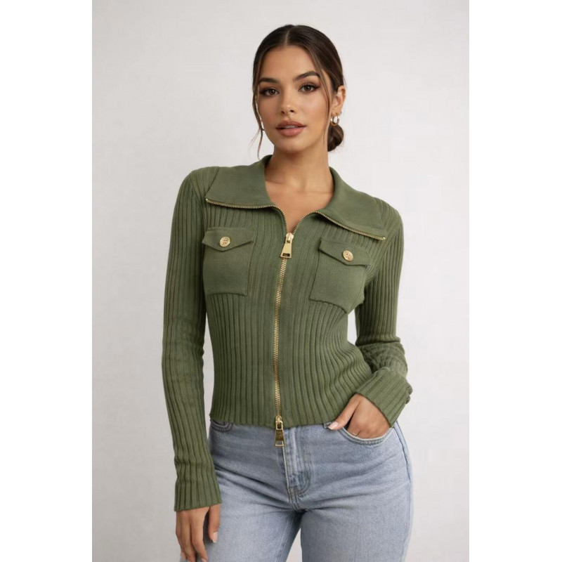 Feelook khaki ribbineuletakki 2-way vetoketjulla ja koristetaskuilla