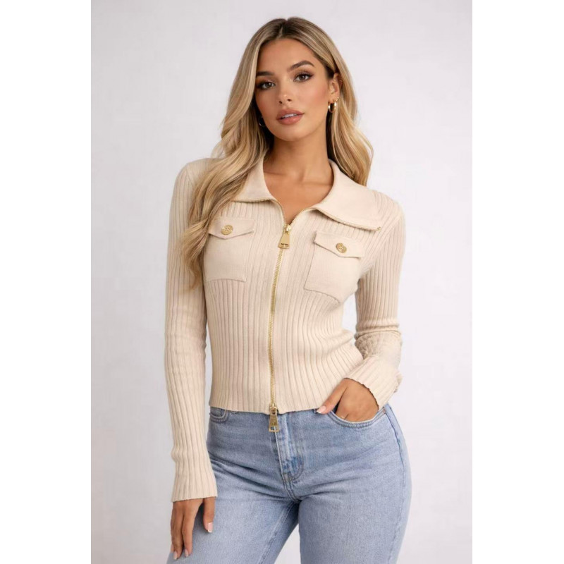 Feelook beige ribbineuletakki 2-way vetoketjulla ja koristetaskuilla