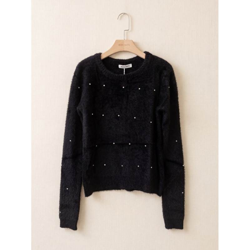 Rosy Days svart fluffig stickad tröja med strass – kuva 3