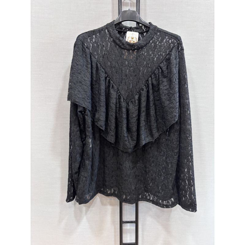 Mily musta pitkähihainen pitsipaita röyhelöllä (plus size) – kuva 2
