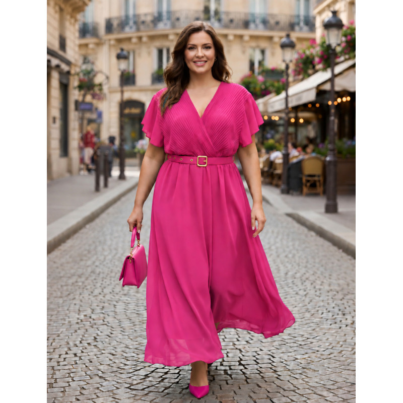 Mily rosa kortärmad lång v-klänning med skärp (plus size) – kuva 2