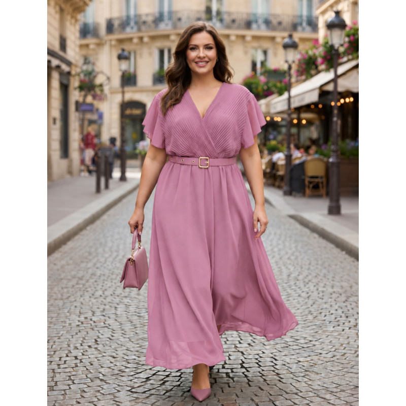 Mily ljusrosa kortärmad lång v-klänning med skärp (plus size)