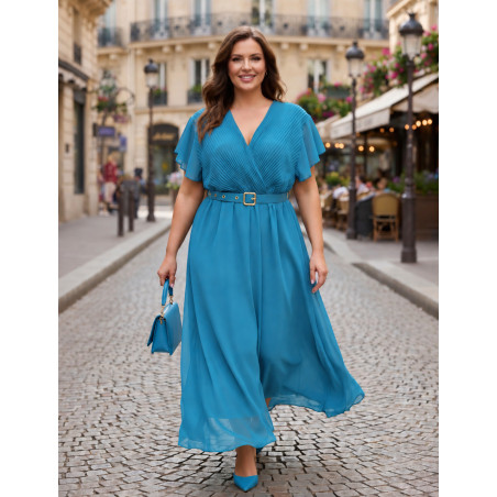 Mily teal lyhythihainen pitkä v-mekko vyöllä (plus size)